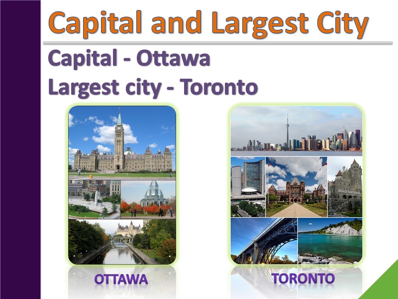 Capital and Largest City Capital - Ottawa Largest city - Toronto Ottawa Toronto